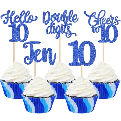 Xsstarmi Cupcake-Topper "Happy 10th Birthday", blauer Glitzer, Hello 10 fabelhafte zehn zweistellige Cupcake-Picks, Cheers to 10 Birthday Kuchendekorationen für Happy 10th Birthday, Partyzubehör, 30 von Xsstarmi