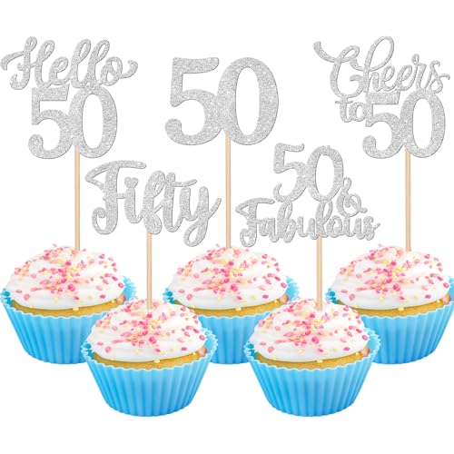 Xsstarmi Cupcake-Topper "Happy 50th Birthday", silberfarbener Glitzer, Hello 50 Fabulous Fifty Birthday, Cupcake-Picks, Cheers to 50 Years Kuchendekorationen für Happy 50th Birthday, Partyzubehör, 30 von Xsstarmi