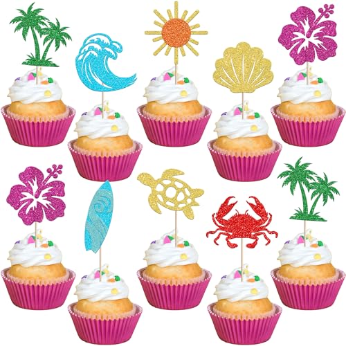 Xsstarmi Cupcake-Topper für Sommer, Strand, Glitzer, Sonne, Palme, Schildkröten, Krabben, Surfen, Cupcake-Picks für Sommerurlaub, Hawaii, Babyparty, Geburtstagsparty, Kuchendekorationen, Zubehör, 24 von Xsstarmi