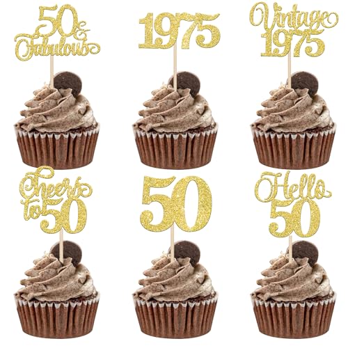 Xsstarmi Cupcake-Topper im Vintage-Stil von 1975, glitzernd, goldfarben, Hello 50 Fabulous Fifty Cupcake Picks Cheers to 50 Years Birthday Cake Decorations for Happy 50th Birthday Anniversary Party Xsstarmi Cupcake-Topper im Vintage-Stil von 1975, glitzernd, goldfarben, Hello 50 Fabulous Fifty Cupcake Picks Cheers to 50 Years Birthday Cake Decorations for Happy 50th Birthday Anniversary Party von Xsstarmi