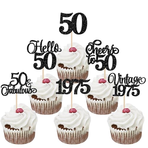 Xsstarmi Cupcake-Topper im Vintage-Stil von 1975, glitzernd, schwarz, Hello 50 Fabulous Fifty Cupcake-Picks, Cheers to 50 Years Birthday, Kuchendekorationen für Happy 50th Birthday Anniversary Xsstarmi Cupcake-Topper im Vintage-Stil von 1975, glitzernd, schwarz, Hello 50 Fabulous Fifty Cupcake-Picks, Cheers to 50 Years Birthday, Kuchendekorationen für Happy 50th Birthday Anniversary von Xsstarmi