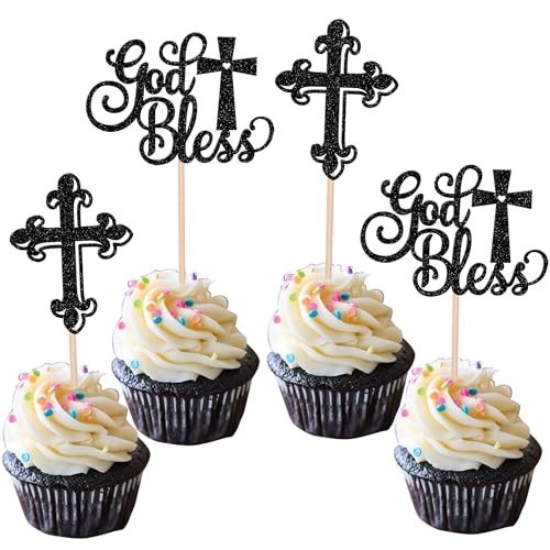 Xsstarmi Cupcake-Topper mit Aufschrift "God Bless", glitzernd, christliches Kreuz, Cupcake-Picks, Taufe, Kuchendekorationen für Erstkommunion, Babyparty, Geburtstag, Partyzubehör, Hellschwarz, 24 von Xsstarmi
