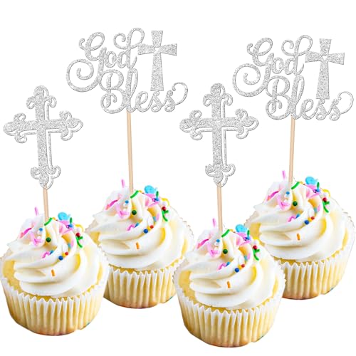 Xsstarmi Cupcake-Topper mit Aufschrift "God Bless", glitzernd, für Babytaufe, Cupcake-Picks, Kreuz, christliche Cupcake-Dekorationen für Erstkommunion, Babyparty, Party, Kuchendekorationen, Silber, 24 von Xsstarmi