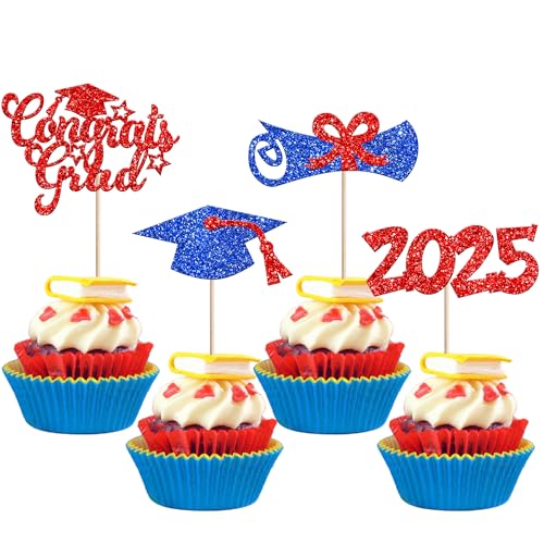 Xsstarmi Cupcake-Topper mit Glitzer-Motiv, für Abschlussfeier, Abschlussfeier, Party, Kuchendekoration, 24 Stück, Rot / Blau von Xsstarmi