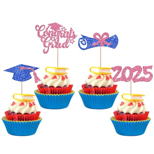 Xsstarmi Cupcake-Topper mit Glitzer-Motiv, für Abschlussfeier, Abschlussfeier, Party, Kuchendekoration, Rosa, Blau, 24 Stück von Xsstarmi