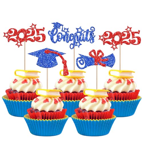 Xsstarmi Cupcake-Topper mit Glitzer-Motiv "You Did it", für Abschlussfeier, Abschlussfeier, Party, Kuchendekoration, Zubehör, Blau, Rot, 36 Stück von Xsstarmi