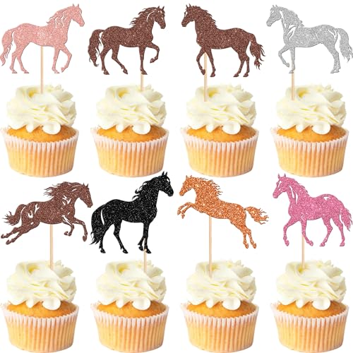 Xsstarmi Cupcake-Topper mit Pferd, glitzernd, Tier, Pferderennen, Cupcake-Picks für Babyparty, Kindergeburtstag, Reitsport, Motto-Party, Kuchendekorationen, Zubehör, mehrfarbig, 24 Stück von Xsstarmi