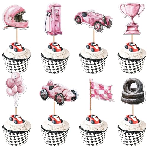Xsstarmi Cupcake-Topper mit Rennwagen-Motiv, Ballon, Tankstelle, Reifen, Cupcake-Picks, Trophäe, Flagge, Autorennen, Thema, Kuchendekorationen für Babyparty, Mädchen, Geburtstagsparty, Rosa, 40 Stück von Xsstarmi