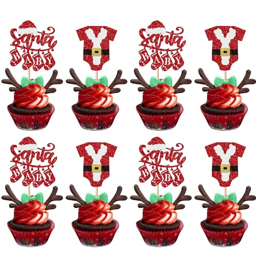 Xsstarmi Cupcake-Topper mit Weihnachtsmann-Baby-Motiv, glitzernd, Cupcake-Picks, Weihnachtsmann-Babyparty, Kuchendekoration für Geschlecht, Jungen, Mädchen, Geburtstag, Weihnachten, von Xsstarmi