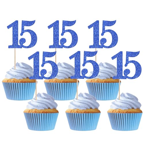 Xsstarmi Cupcake-Topper mit der Zahl 15, glitzernd, "Cheers to 15 Years", Cupcake-Picks, Dekoration für 15. Geburtstag, Hochzeit, Jahrestag, Party, Kuchendekorationen, Blau, 36 Stück Xsstarmi Cupcake-Topper mit der Zahl 15, glitzernd, "Cheers to 15 Years", Cupcake-Picks, Dekoration für 15. Geburtstag, Hochzeit, Jahrestag, Party, Kuchendekorationen, Blau, 36 Stück von Xsstarmi