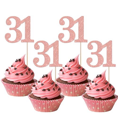 Xsstarmi Cupcake-Topper mit der Zahl 31, glitzernd, Aufschrift "Cheers to 31 Years", Cupcake-Picks, Dekoration für 31. Geburtstag, Hochzeit, Jahrestag, Party-Kuchendekorationen, Roségold, 36 Stück von Xsstarmi