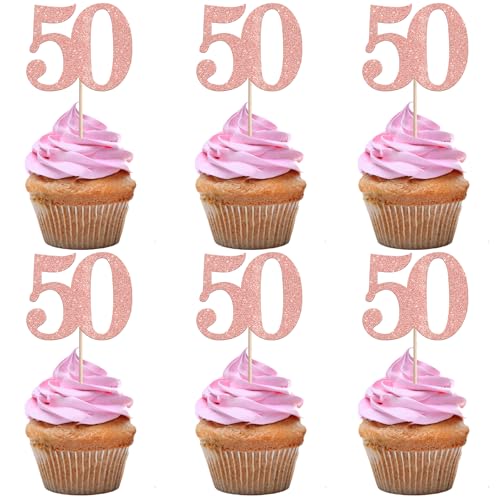 Xsstarmi Cupcake-Topper mit der Zahl 50, glitzernd, "Cheers to 50 Years Birthday", Cupcake-Picks, Dekoration für 50. Geburtstag, Hochzeit, Jahrestag, Party, Kuchendekorationen, Roségold, 36 Stück von Xsstarmi