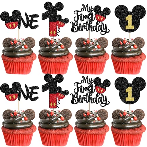 Xsstarmi Cupcake-Topper zum 1. Geburtstag, Motiv: Maus zum 1. Geburtstag, Schwarz und Rot, 24 Stück Xsstarmi Cupcake-Topper zum 1. Geburtstag, Motiv: Maus zum 1. Geburtstag, Schwarz und Rot, 24 Stück von Xsstarmi