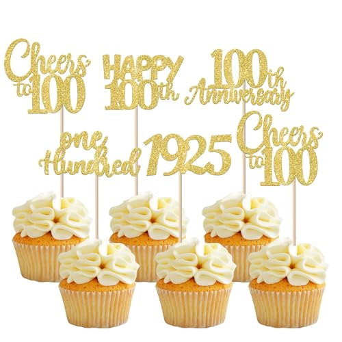 Xsstarmi Cupcake-Topper zum 100. Geburtstag, mit Glitzer, 100. Geburtstag, 100. Geburtstag, Party, Kuchendekoration, goldfarben, 30 Stück von Xsstarmi