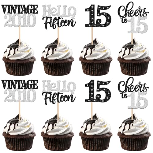 Xsstarmi Cupcake-Topper zum 15. Geburtstag, silberfarben, glitzernd, 15 fünfzehn Vintage 2010, Cupcake-Picks, Cheers to 15. Geburtstag, Kuchendekorationen für 15. Geburtstag, Partyzubehör, 24 Stück Xsstarmi Cupcake-Topper zum 15. Geburtstag, silberfarben, glitzernd, 15 fünfzehn Vintage 2010, Cupcake-Picks, Cheers to 15. Geburtstag, Kuchendekorationen für 15. Geburtstag, Partyzubehör, 24 Stück von Xsstarmi