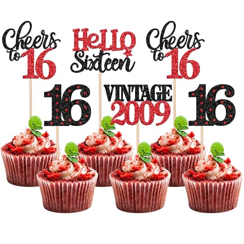 Xsstarmi Cupcake-Topper zum 16. Geburtstag, roter Glitzer, süß, 16 Sixteen Vintage 2009, Cupcake-Picks, Cheers to 16 Birthday Cake Dekorationen für 16 fabelhafte Happy 16th Birrthday-Partyzubehör, 24 Xsstarmi Cupcake-Topper zum 16. Geburtstag, roter Glitzer, süß, 16 Sixteen Vintage 2009, Cupcake-Picks, Cheers to 16 Birthday Cake Dekorationen für 16 fabelhafte Happy 16th Birrthday-Partyzubehör, 24 von Xsstarmi