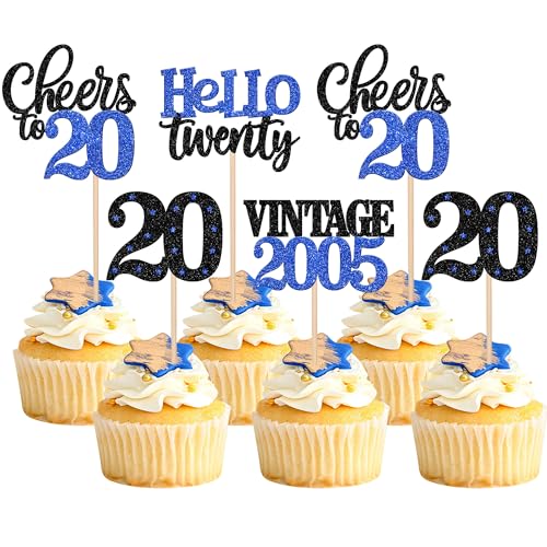 Xsstarmi Cupcake-Topper zum 20. Geburtstag, 20. Geburtstag, 20 x Hello Twenty Vintage 2005, Cupcake-Picks, Cheers to 20 Birthday Cake Dekorationen für 20 fabelhafte Happy 20th Birrthday-Partyzubehör von Xsstarmi