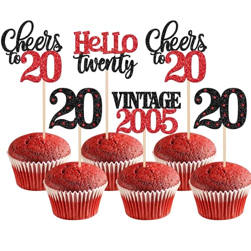 Xsstarmi Cupcake-Topper zum 20. Geburtstag, 20. Geburtstag, roter Glitzer, 20 x Hello Twenty Vintage 2005, Cupcake-Picks, Cheers to 20 Birthday Cake Dekorationen für 20 fabelhafte Happy 20th von Xsstarmi