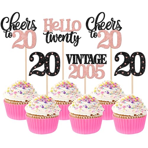 Xsstarmi Cupcake-Topper zum 20. Geburtstag, glitzernd, 20 Hello Twenty Vintage 2005, Cupcake-Picks, Cheers to 20, Kuchendekorationen für 20 fabelhafte Happy 20th Birrthday-Partyzubehör, Roségold, 24 Xsstarmi Cupcake-Topper zum 20. Geburtstag, glitzernd, 20 Hello Twenty Vintage 2005, Cupcake-Picks, Cheers to 20, Kuchendekorationen für 20 fabelhafte Happy 20th Birrthday-Partyzubehör, Roségold, 24 von Xsstarmi