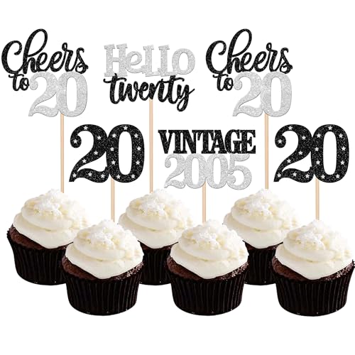 Xsstarmi Cupcake-Topper zum 20. Geburtstag, silberfarbener Glitzer, 20 Hello Twenty Vintage 2005, Cupcake-Picks, Cheers to 20 Birthday Cake Dekorationen für 20 fabelhafte Happy 20th Xsstarmi Cupcake-Topper zum 20. Geburtstag, silberfarbener Glitzer, 20 Hello Twenty Vintage 2005, Cupcake-Picks, Cheers to 20 Birthday Cake Dekorationen für 20 fabelhafte Happy 20th von Xsstarmi