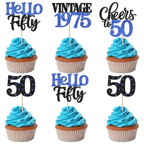 Xsstarmi Cupcake-Topper zum 50. Geburtstag, mit blauem Glitzer, 50 Stück, Hello Fifty Vintage 1975, Cupcake-Picks, Cheers to 50 Birthday Kuchendekorationen für 50 fabelhafte Happy 50th von Xsstarmi