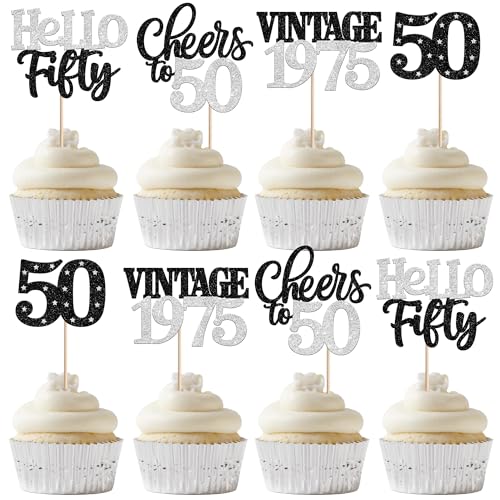 Xsstarmi Cupcake-Topper zum 50. Geburtstag, silberfarbener Glitzer, 50 Stück, Hello Fifty Vintage 1975, Cupcake-Picks, Cheers to 50 Birthday Cake Dekorationen für 50 fabelhafte Happy 50th Birrthday Xsstarmi Cupcake-Topper zum 50. Geburtstag, silberfarbener Glitzer, 50 Stück, Hello Fifty Vintage 1975, Cupcake-Picks, Cheers to 50 Birthday Cake Dekorationen für 50 fabelhafte Happy 50th Birrthday von Xsstarmi