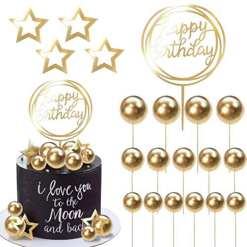 Xsstarmi Goldener Stern-Ballon-Kuchenaufsatz, Schaumstoffkugel, Acryl, Happy Birthday-Kuchenaufsatz für Babyparty, Hochzeit, Brautparty, Happy Birthday Party, Kuchendekorationen von Xsstarmi