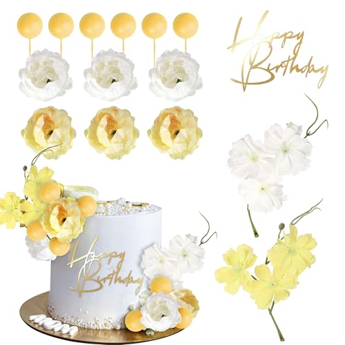 Xsstarmi Happy Birthday Blume Kuchen Topper Dekoration Künstliche Blume Pfingstrose Kuchen Pick für Baby Shower Hochzeit Geburtstag Party Kuchen Dekorationen Supplies von Xsstarmi