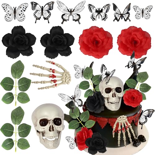 Xsstarmi Happy Halloween Cake Topper Dekoration Set mit schwarzer Schmetterling Rose Horrible Skelett Kuchen Pick für schreckliche Hochzeit Geburtstag Halloween Party DIY Kuchen Dekorationen Supplies von Xsstarmi