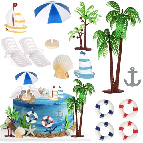 Xsstarmi Hawaiianischer Strand-Kuchenaufsatz, Dekoration, Stuhl, Regenschirm, Boot, Palme, Strand, Kuchendekoration für Sommer, tropische Aloha, Babyparty, Geburtstag, Hochzeit, Party von Xsstarmi