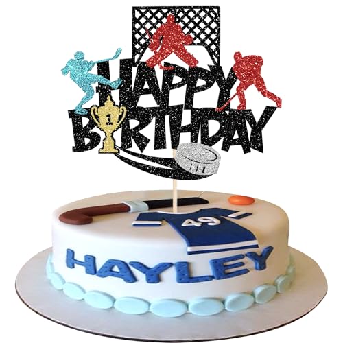 Xsstarmi Kuchenaufsatz mit Hockey-Thema, Happy Birthday, Glitzer, Eishockey-Sportspieler, Kuchenpicker für Hockey-Themenspieler, Babyparty, Jungen, Mädchen, Happy Birthday Party, Kuchendekorationen, von Xsstarmi