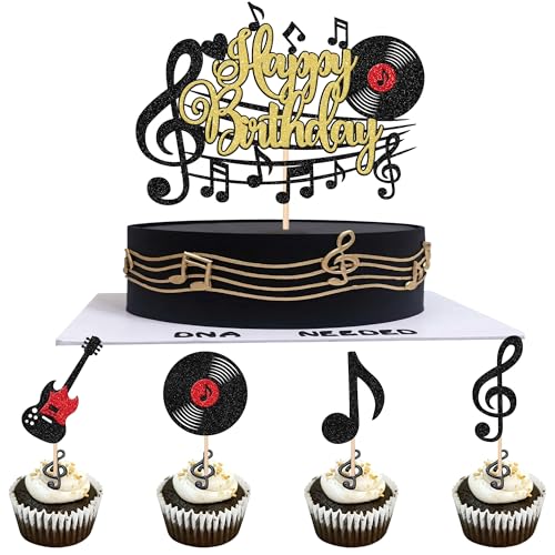 Xsstarmi Kuchendekoration mit Musikthema "Happy Birthday", glitzernd, schwarze Gitarre, Musiknoten, Kuchendekoration für Sänger, Musiker, Happy Birthday, Party, Kuchendekorationen, 25 Stück Xsstarmi Kuchendekoration mit Musikthema "Happy Birthday", glitzernd, schwarze Gitarre, Musiknoten, Kuchendekoration für Sänger, Musiker, Happy Birthday, Party, Kuchendekorationen, 25 Stück von Xsstarmi
