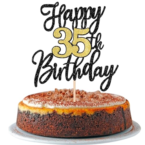 Xsstarmi Kuchendekoration zum 35. Geburtstag, glitzernd, Aufschrift "Cheers to 35 Years", 1 Packung mit 1 Stück, fabelhafte Kuchendekoration für Happy 35th Birthday Anniversary Party Supplies Gold von Xsstarmi