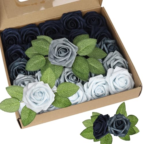 Xsstarmi Künstliche Blumen, Kuchendekoration, mit Box, Schaumstoff-Blume, Rose, Kuchendekoration, für Geburtstag, Hochzeit, Jahrestag, Party, DIY-Kuchendekorationen, Farbverlauf, Grau, Blau, 25 Stück von Xsstarmi