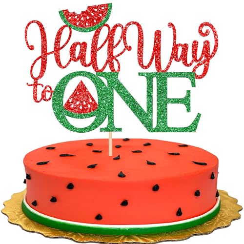 Xsstarmi Tortenaufsatz, 1 Packung "Half Way to One", rot und grün, glitzernd, 1/2 Wassermelonen-Kuchenspieß für ein halbes Jahr, Happy 6 Month Birthday Party, Kuchendekorationen von Xsstarmi