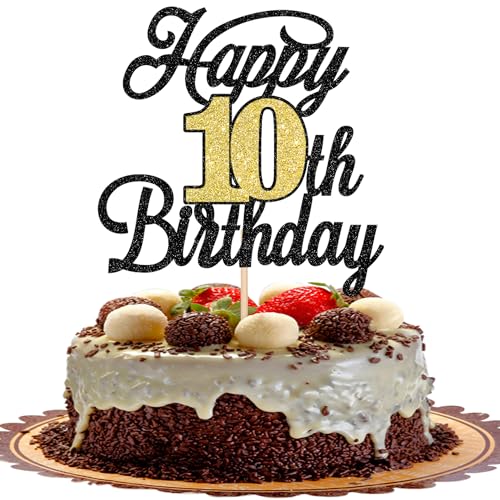 Xsstarmi Tortenaufsatz "Happy 10th Birthday", glitzernd, 10 fabelhafte Kuchenspieße, Hello 10 Cheers to 10 Years, Kuchendekorationen für Happy 10th Birthday Anniversary Partyzubehör, Schwarz / Gold, 1 von Xsstarmi
