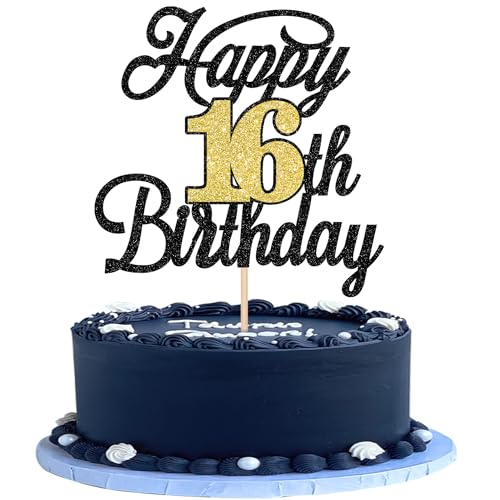 Xsstarmi Tortenaufsatz "Happy 16th Birthday", glitzernd, Aufschrift "Hello 16 Cheers to 16 Years", Kuchendekorationen für Happy 16th Birthday Anniversary Partyzubehör, Schwarz / Gold, 1 Packung von Xsstarmi