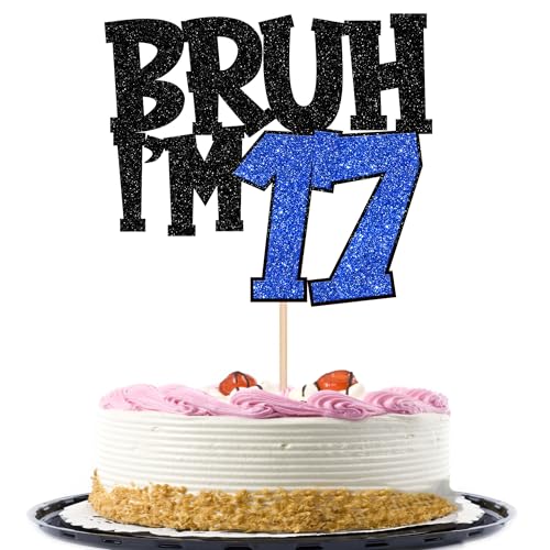 Xsstarmi Tortenaufsatz "Happy 17th Birthday", glitzernd, Bruh I'm 17 Bro It's My 17th Birthday, Kuchendekoration für Cheers to 17 Years Birthday Party Kuchen Dekorationen Supplies Schwarz Blau von Xsstarmi