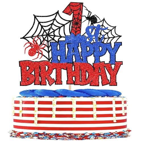 Xsstarmi Tortenaufsatz "Happy 1st Birthday", Rot, Blau, Glitzer, Schwarz, Spinnennetz-Superhelden-Thema, Kuchendekoration für Babyparty, Jungen, Mädchen, Faust, Geburtstag, Jahrestag, Feier, Party Xsstarmi Tortenaufsatz "Happy 1st Birthday", Rot, Blau, Glitzer, Schwarz, Spinnennetz-Superhelden-Thema, Kuchendekoration für Babyparty, Jungen, Mädchen, Faust, Geburtstag, Jahrestag, Feier, Party von Xsstarmi