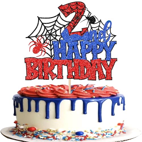Xsstarmi Tortenaufsatz "Happy 2nd Birthday", Rot, Blau, Glitzer, Schwarz, Spinnennetz-Superhelden-Thema, Kuchendekoration für Jungen und Mädchen, zum zweiten Geburtstag, Jahrestag, Feier von Xsstarmi