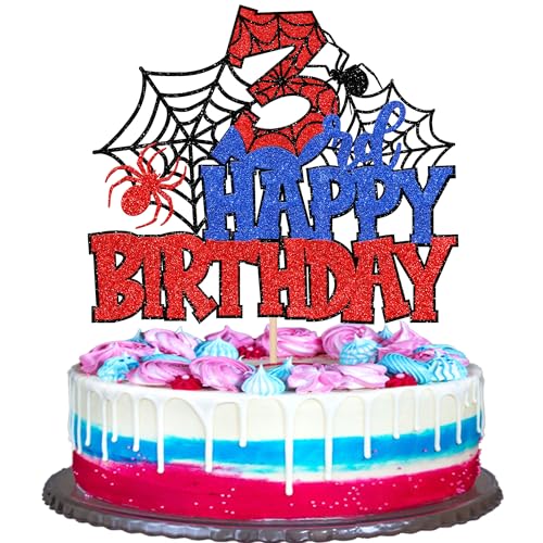 Xsstarmi Tortenaufsatz "Happy 3rd Birthday", Rot, Blau, Glitzer, Schwarz, Spinnennetz-Superhelden-Thema, für Jungen und Mädchen, zum dritten Geburtstag, Jahrestag, Feier, Party-Kuchendekorationen, 1 Xsstarmi Tortenaufsatz "Happy 3rd Birthday", Rot, Blau, Glitzer, Schwarz, Spinnennetz-Superhelden-Thema, für Jungen und Mädchen, zum dritten Geburtstag, Jahrestag, Feier, Party-Kuchendekorationen, 1 von Xsstarmi