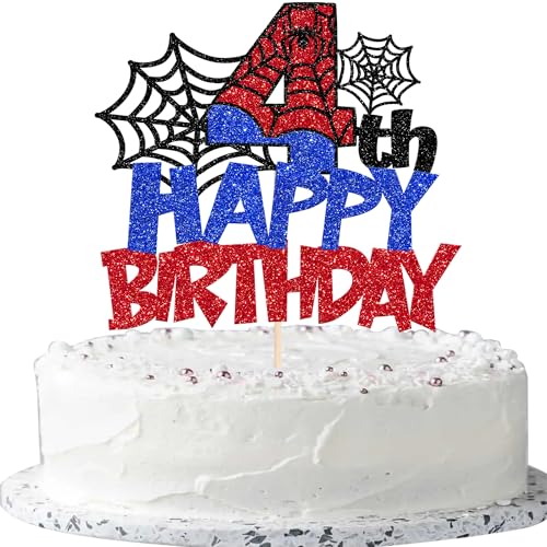 Xsstarmi Tortenaufsatz "Happy 4th Birthday", Glitzer-Spinnen-Motiv, Kuchendekoration für Jungen, Kinder, Happy 4th Birthday, Party-Kuchendekoration, 1 Stück von Xsstarmi