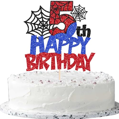 Xsstarmi Tortenaufsatz "Happy 5th Birthday", Glitzer-Spinnen-Motiv, Kuchendekoration für Jungen und Kinder, Party-Kuchendekoration, 1 Stück Xsstarmi Tortenaufsatz "Happy 5th Birthday", Glitzer-Spinnen-Motiv, Kuchendekoration für Jungen und Kinder, Party-Kuchendekoration, 1 Stück von Xsstarmi