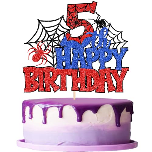 Xsstarmi Tortenaufsatz "Happy 5th Birthday", Rot, Blau, Glitzer, Schwarz, Spinnennetz-Superhelden-Thema, Kuchendekoration für Jungen und Mädchen, 5. Geburtstag, Jahrestag, Feier, Party von Xsstarmi
