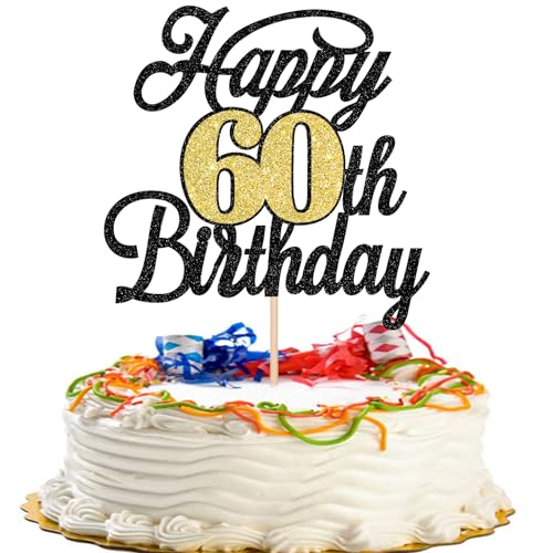 Xsstarmi Tortenaufsatz "Happy 60th Birthday", glitzernd, Aufschrift "Hello 60 Cheers to 60 Years", Kuchendekorationen für Happy 60th Birthday Anniversary Partyzubehör, Schwarz / Gold, 1 Packung von Xsstarmi