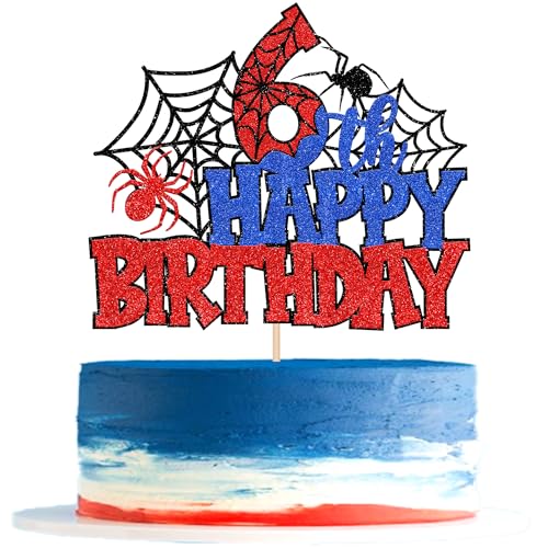 Xsstarmi Tortenaufsatz "Happy 6th Birthday", Rot, Blau, Glitzer, Schwarz, Spinnennetz-Superhelden-Thema, Kuchendekoration für Jungen und Mädchen, 6. Geburtstag, Jahrestag, Feier, Party von Xsstarmi