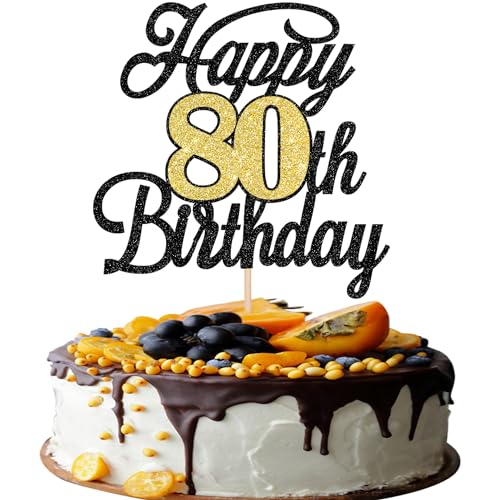 Xsstarmi Tortenaufsatz "Happy 80th Birthday", glitzernd, Aufschrift "Hello 80 Cheers to 80 Years", Kuchendekorationen für Happy 80th Birthday Anniversary Partyzubehör, Schwarz / Gold, 1 Packung von Xsstarmi