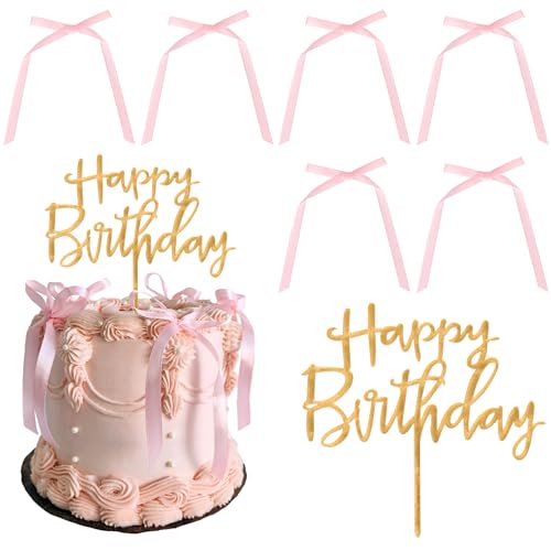 Xsstarmi Tortenaufsatz "Happy Birthday", Acryl, Schleife, Kuchenspieß für Babyparty, Happy Birthday Party, Kuchendekorationen, Zubehör, Gold, 7 Stück von Xsstarmi