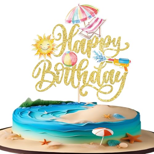 Xsstarmi Tortenaufsatz "Happy Birthday", goldfarben, glitzernd, Sommer-Strand-Thema, für tropische Strand-Themen, Babyparty, Kindergeburtstag, Party, Kuchendekoration, 1 Stück von Xsstarmi