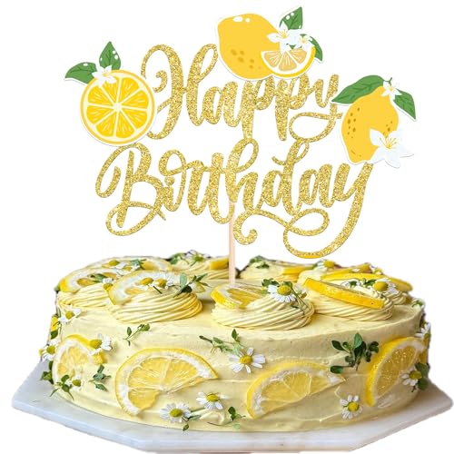 Xsstarmi Tortenaufsatz "Happy Birthday", goldfarben, glitzernd, gelb, Zitrone, Obst, für Zitronen-Thema, Babyparty, Geburtstagsparty, Kuchendekoration, 1 Stück von Xsstarmi